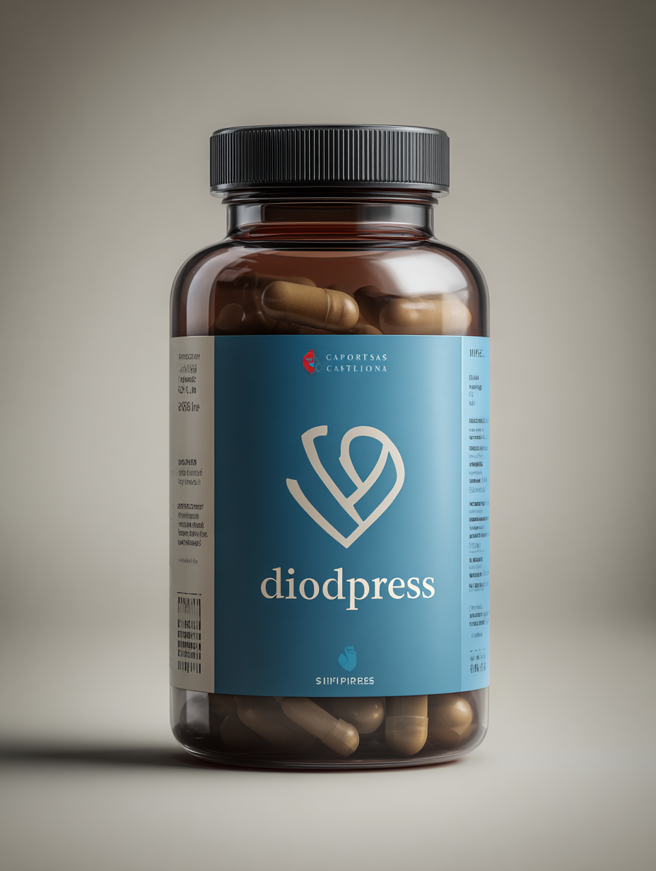 Diodpress supliment natural în cutie elegantă albă cu etichetă albastră, conținând 60 de capsule pentru susținerea tensiunii arteriale și sănătății cardiovasculare pe fundal neutru